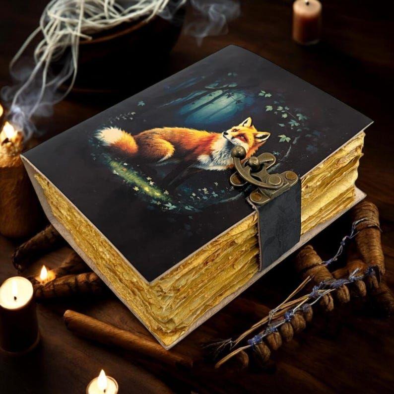 Fox Vintage Handmade leather Journal, Grimoire Fat journal Blank spell book of shadows Celestial Christmas Gifts For Him Her