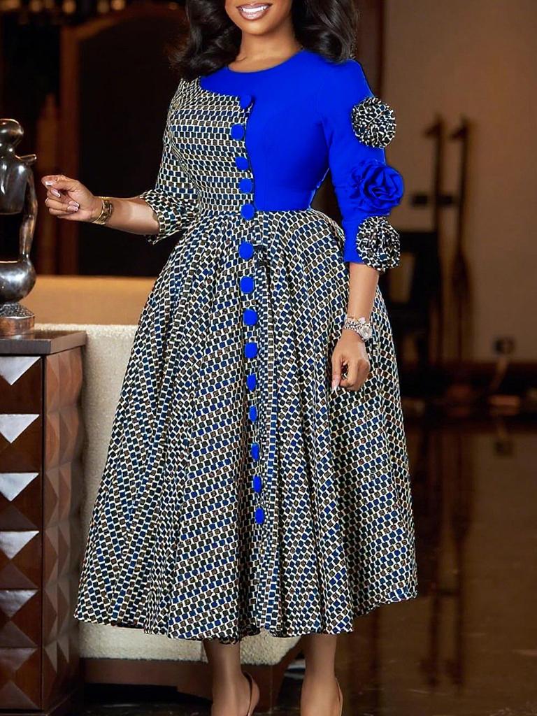 D598 - Women's Elegant African Dress, Round Neck, 3/4 Sleeves, Printed Patchwork Design