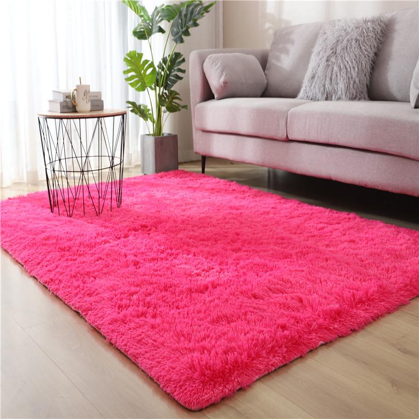 Long Pile Silk Wool Carpet - Full Coverage Bedroom and Living Room Rug, Solid Color