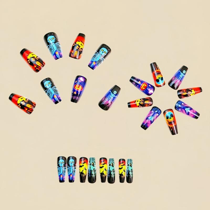 Beautiful Halloween Press-On Nail Set of 24 - Skeleton, Pumpkin, and Bat Designs Perfect for Festive Nail Art Enthusias