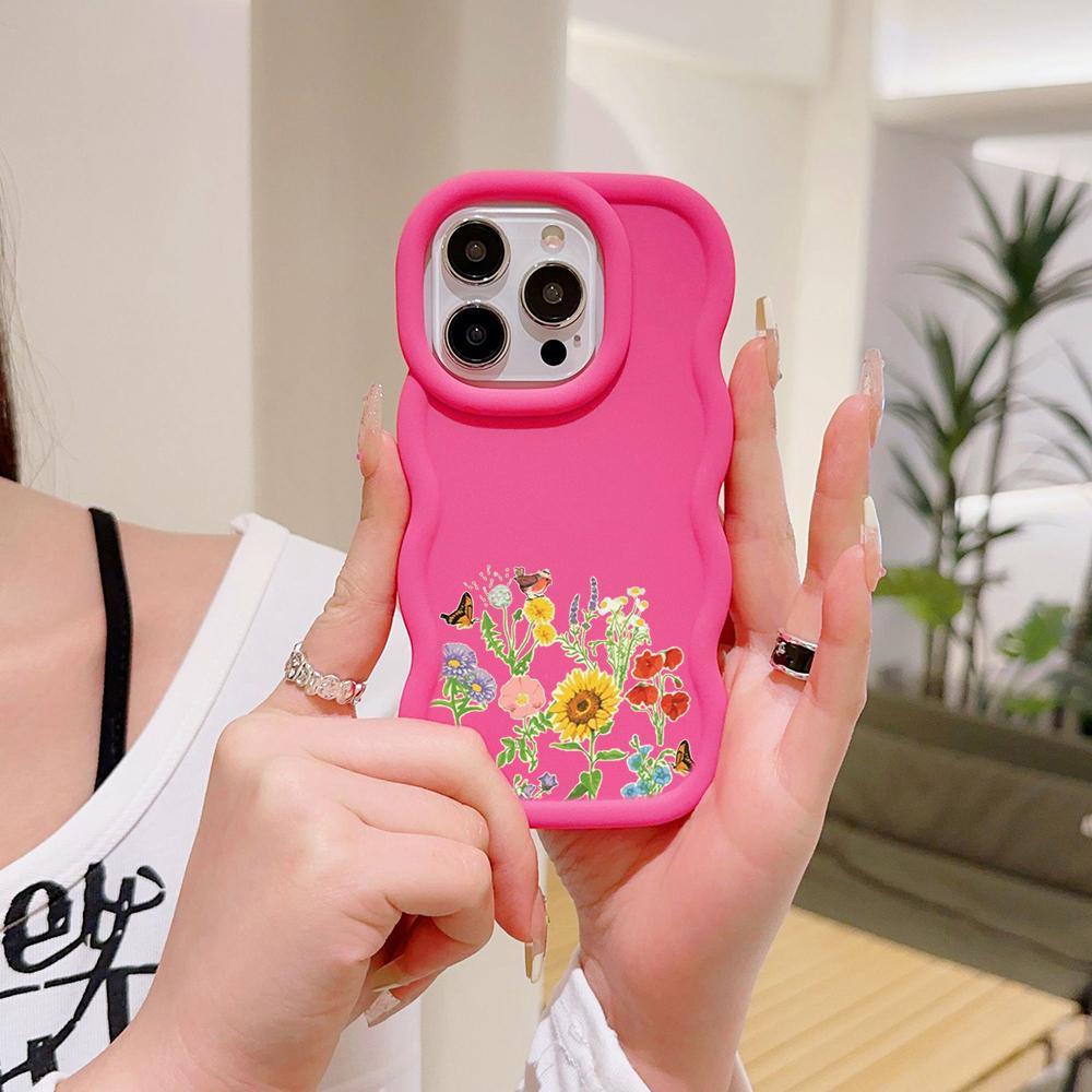 N75 Butterflies Flowers Macaron Wavy Edge Phone Cases for iPhone 16 Pro Max Samsung S24 S23 Ultra A35 A54 A55 Xiaomi Redmi Note 13 Shockproof Cover