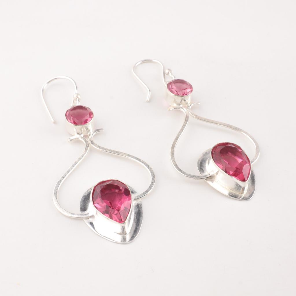 Natural Pink Tourmaline Gemstone 925 Stamped Silver Handmade Hook Earrings 2.07" EE-170-7