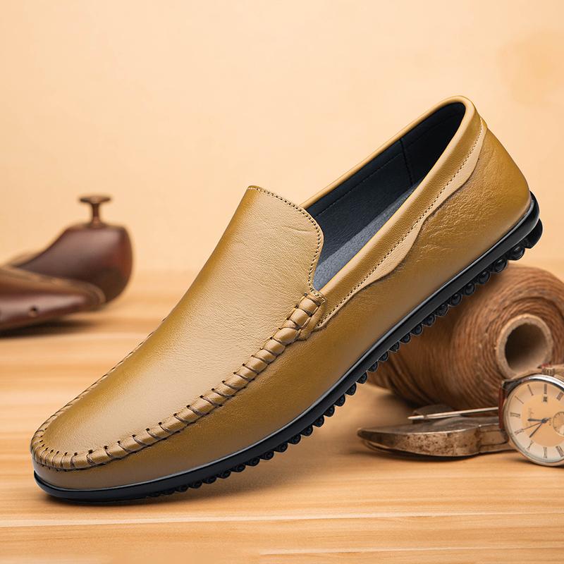 Fashion Non-Slip Lightweight Men Business Shoes Slip-On Comfortable Flat Men's Genuine Leather Loafers Casual Breathable Soft Sole Shoes