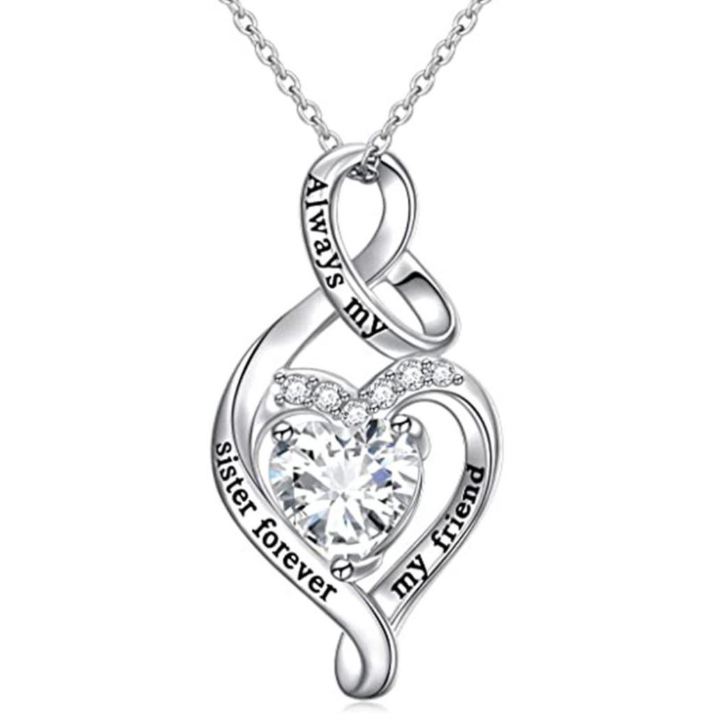Twisted Infinity Heart Engraved Slogan Heart Cut Zircon Sister Gift Clavicle Necklace