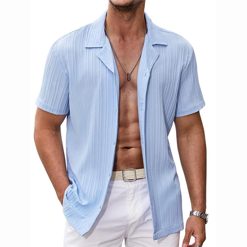 Summer Top Casual Men's Shirts Solid Color Striped Short Sleeve Lapel Shirt Beach Casual Oversized Blouse