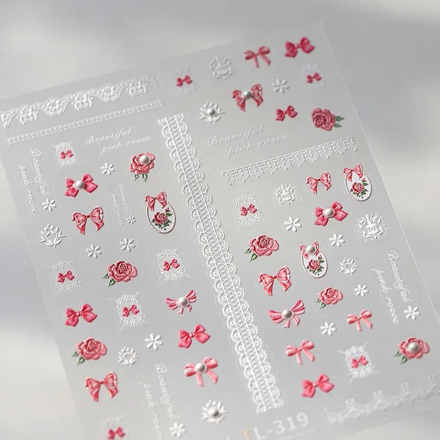 Shiny Red Bowknot Bow Tie Silk Ribbon Butterfly 5D Nail Art Sticker Pearl Rhinestones Self Adhesive Decoration Manicure Decal