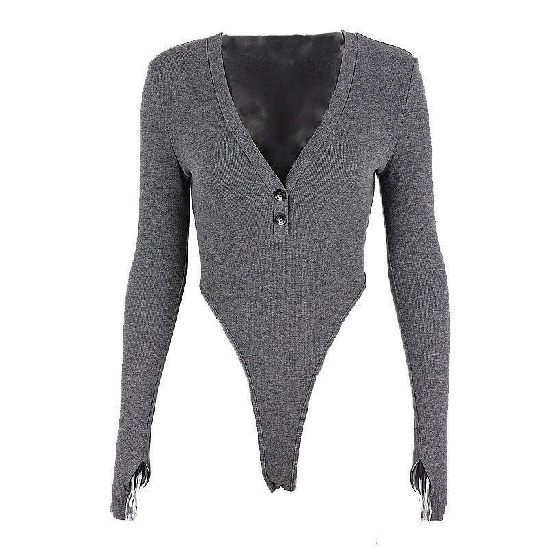 Deep V Low-Cut Long Sleeve Bodysuit Top with Button and Finger Hook for Women, Slim Fit.