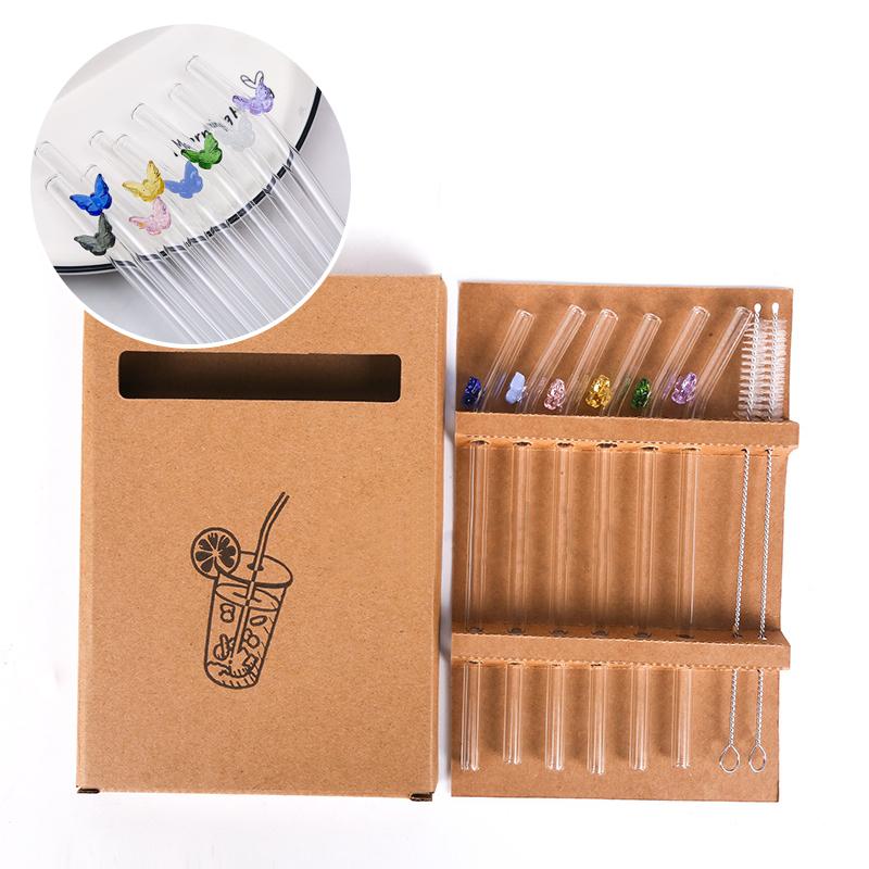 6pc 8mm Glass Straw, Reusable Drinking Straws Cute Butterfly Heat-Resistant Straw For Festival Party Wedding Cocktail Bar Beachs