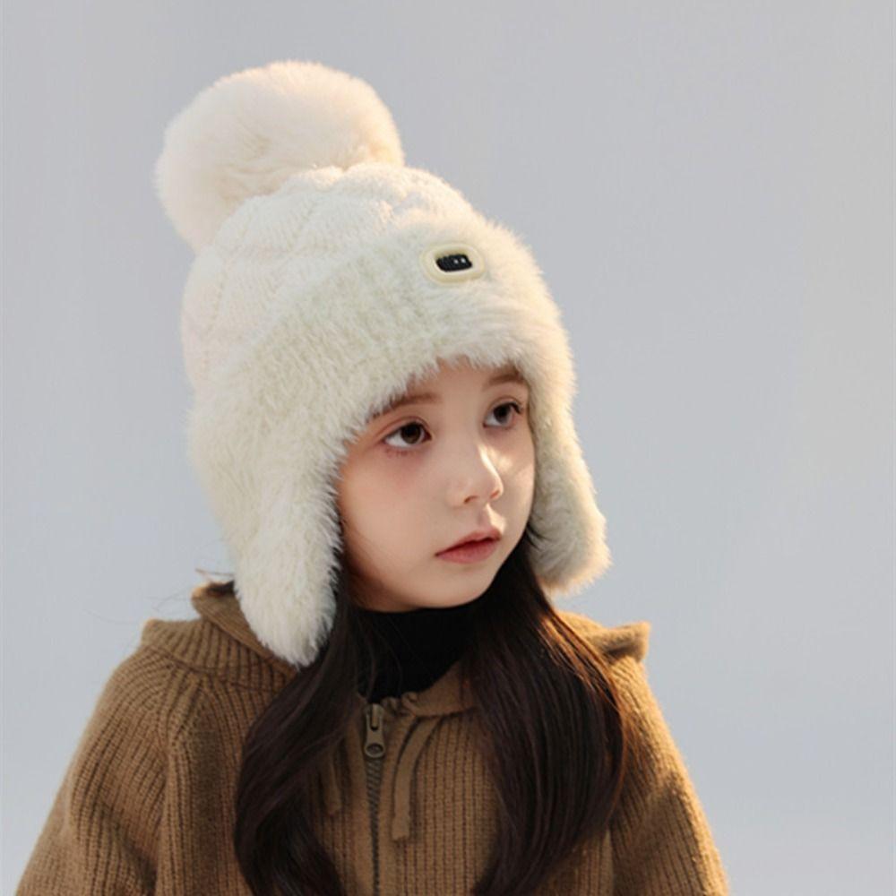 Plush Winter Knitted Hat Solid Color Earflaps Bonnet Hat Fashion Kids Beanie Cap