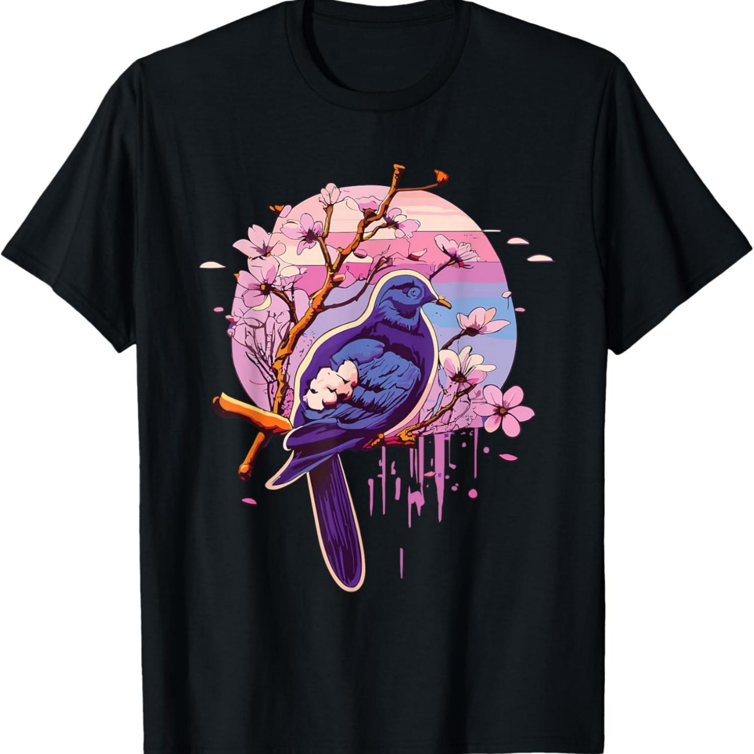Эстетичная японская сакура вишневый цвет Vaporwave Птица Футболка(2) S чёрный