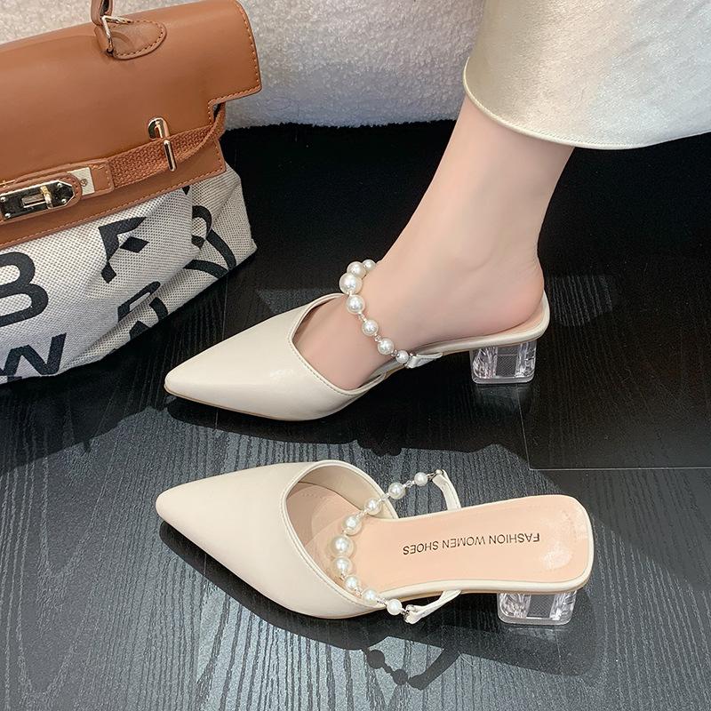 High-heeled Single Shoes Pearl Bag Head Sandals Summer Thick Heel with Slippers Female Outer Wear Pointed Head Half Drag Middle Heel Fairy