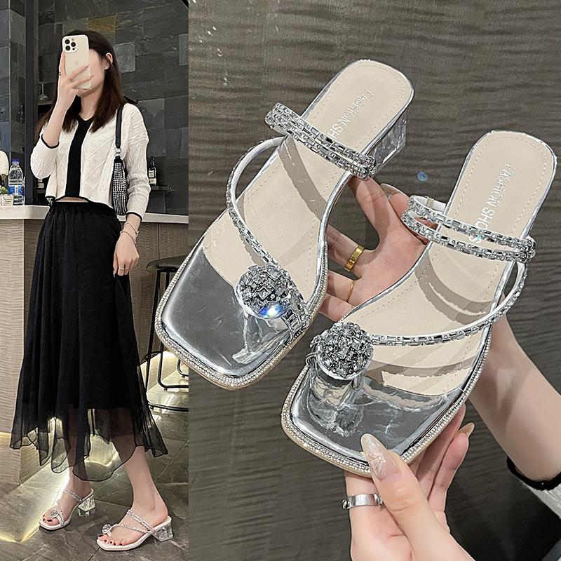 Summer New Korean Sandals High Heels Women's Shoes Pearl Square Heel Women Shoes