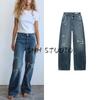 Spring New Women Clothes High Waist Arc Profile Cotton Loose Distressed Ripped Jeans 8197011