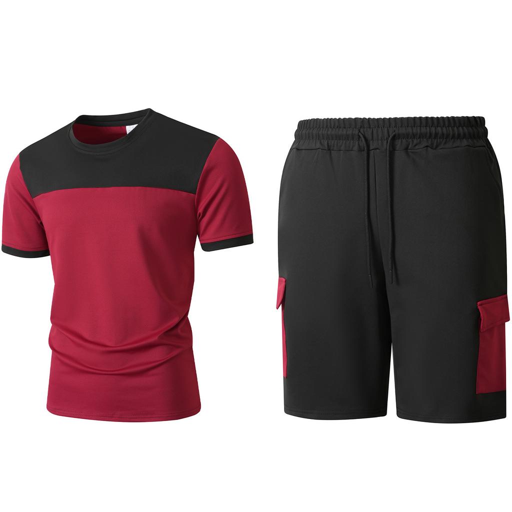 Men Color Block Casual Round Neck Short Sleeve T Shirt Cargo Shorts Two Piece Set
