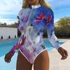 Costum de baie dintr-o piesă cu mânecă lungă pentru femei Fermoar frontal Imprimeu floral mic Protecție UV Costum de baie pentru surfing și plajă