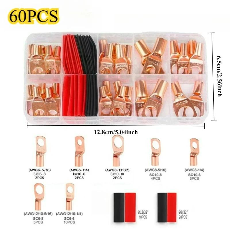 60/100/220pcs Copper Terminal Connectors, AWG 4 6 8 10 12 Ring Lug Kit With Shrink Tubing 50 Battery Cable Lugs With Shrink