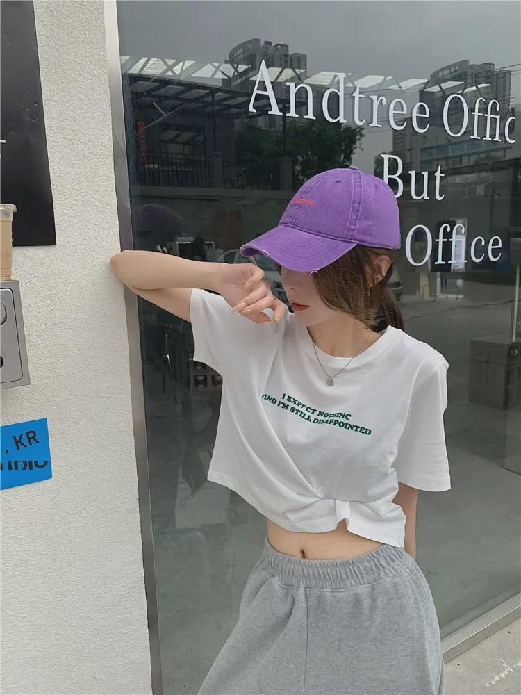 2025 Summer Women's Loose Short-Sleeve Crop Top with Letter Print