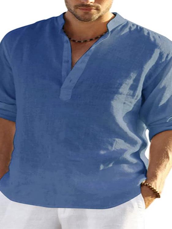 Men's Plus Size Long-Sleeved Linen-Cotton Shirt - Solid Color, Loose Fit