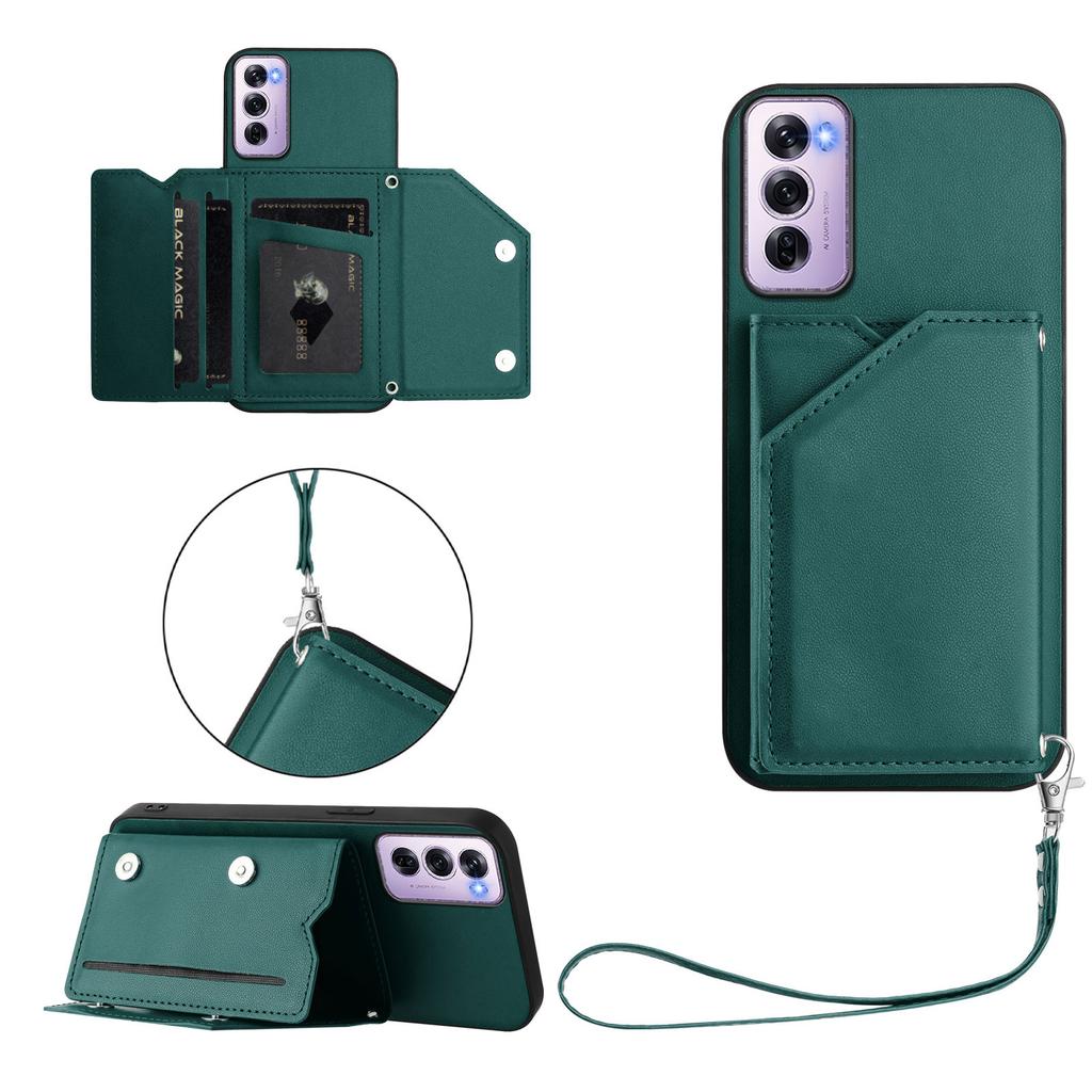 For Oppo Reno12 Pro 5G (Global) Case Card Holder Kickstand Skin-Touch Phone Cover with Wrist Strap