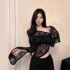 Hot Girl Pure Desire Style Asymmetrical Long-Sleeve Lace Crop Top with Flared Sleeves, New Slim-Fit Off-Shoulder Top for Spring and Autumn
