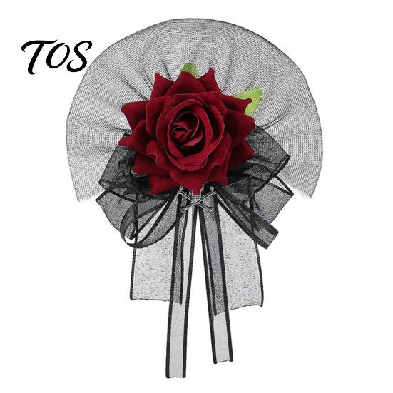 Formal Suit Dress Floral Decor Black Burgundy Rose Tulle Mesh Corsage for Bridal Groom, Gothic Retro Style Wedding Guest Boutonniere Artificial Flower