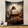 Man Holding Basket of Bread with Fishes Flying Around Hands Luminous Background Patterned Tapestry for Bedroom and Living Room Home Decor