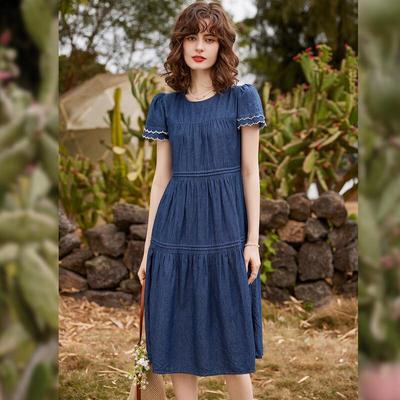 Women's Embroidered Denim A-Line Midi Dress