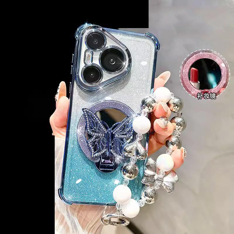 Mirror Shockproof Magnetic Case for Huawei Pura 80 70 Ultra P50 P40 P30 Lite Mate 70 Pro Butterfly Phone Holder Bracelet Cover