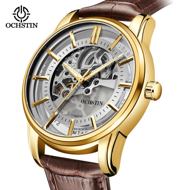 OCHSTIN Men's Skeleton Mechanical Watch - Genuine Leather, Waterproof, Fashionable Business Casual Wristwatch