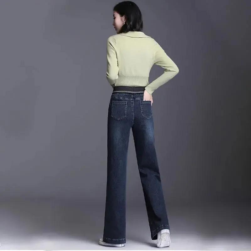 Damer Koreanska Lösa Casual Raka Jeans Elastisk Hög Midja Vintage Vida Ben Denimbuxor