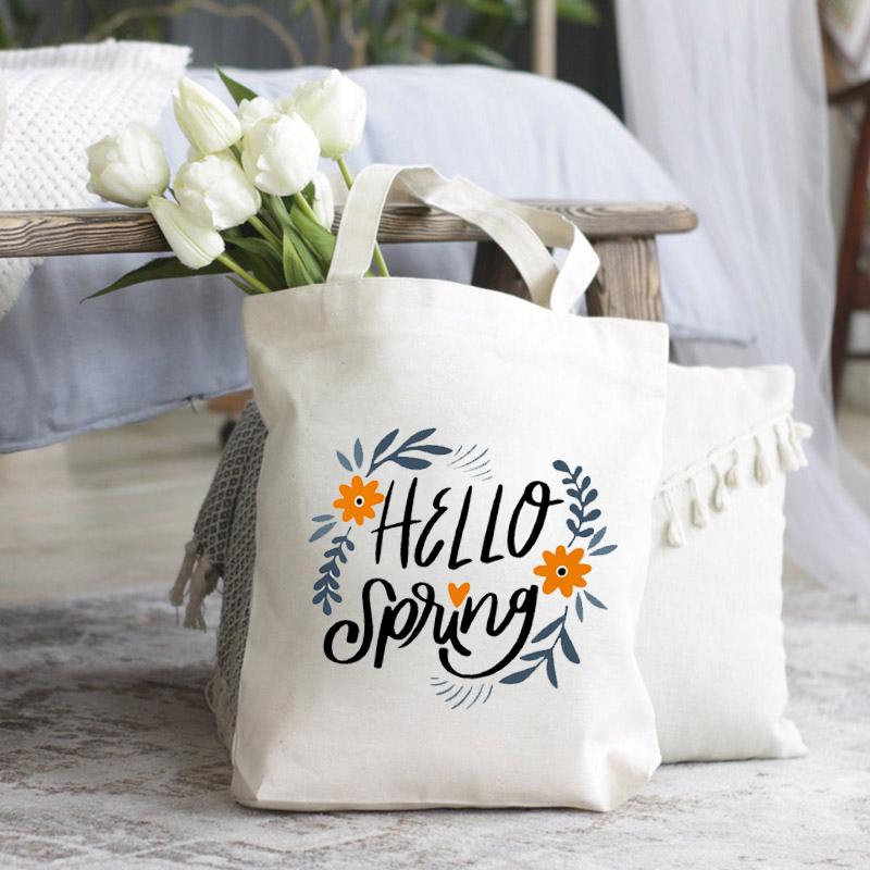 Dobrý den Jarní Květiny Potisk Nákupní Taška Ženy Plátěná Taška přes Rameno Ulzzang Eko Velkokapacitní Dámská Nákupní Taška Kabelka