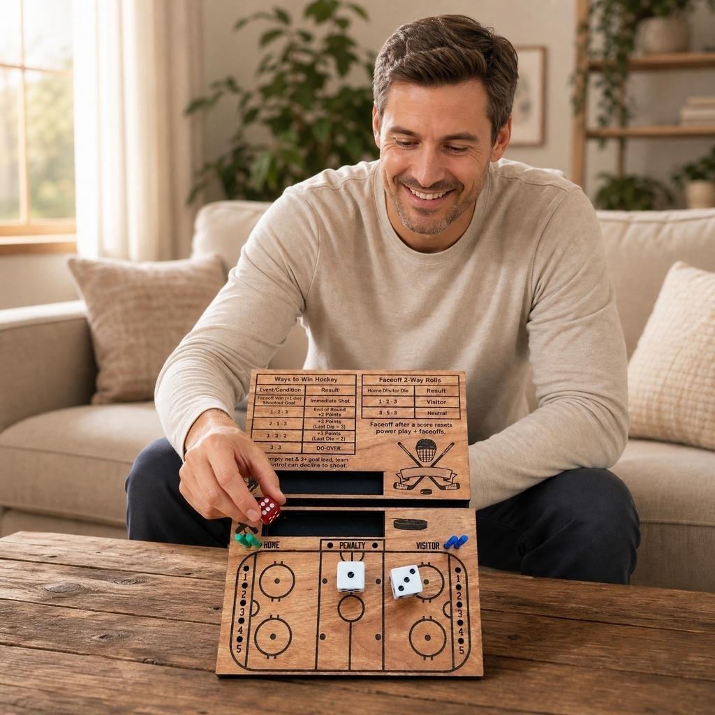 Wooden Tabletop Ice Hockey Dice Game Family Board Game Includes Dice Player Tokens and Scoreboard for Indoor Play