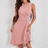 Women's Round Neck Sleeveless Solid Color Ruched Asymmetric Hem Elegant Midi A Line Dress