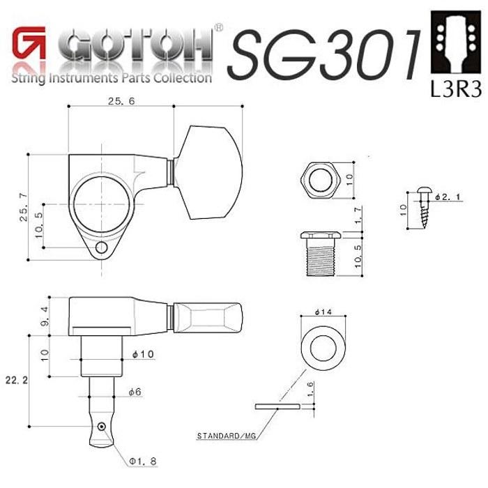 Gotoh Guitar Pegs SG301 04 B L3 R3 Black 6-Piece Set