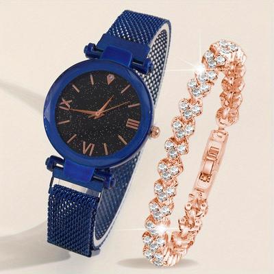 2pcs/set Women's Elegant Watch Fashion Casual Stainless Steel Mesh Band Wrist Watch & Bracelet, Best Gift for Her
