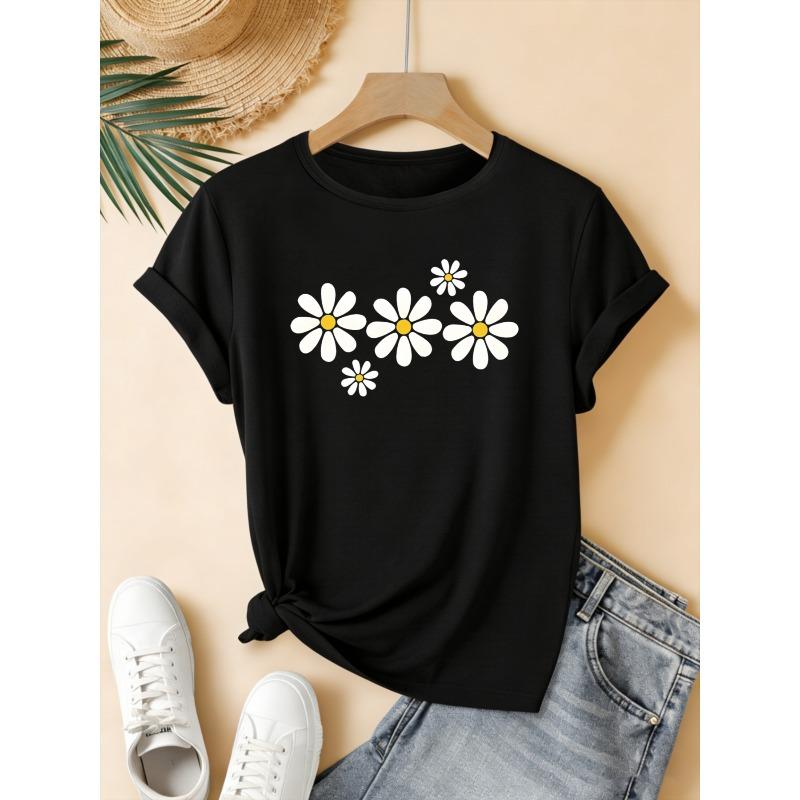 Big Size Women Round Neck Short Sleeve T Shirt Daisy Flower Print Summer Casual Wear for Beach And Daily Outfits