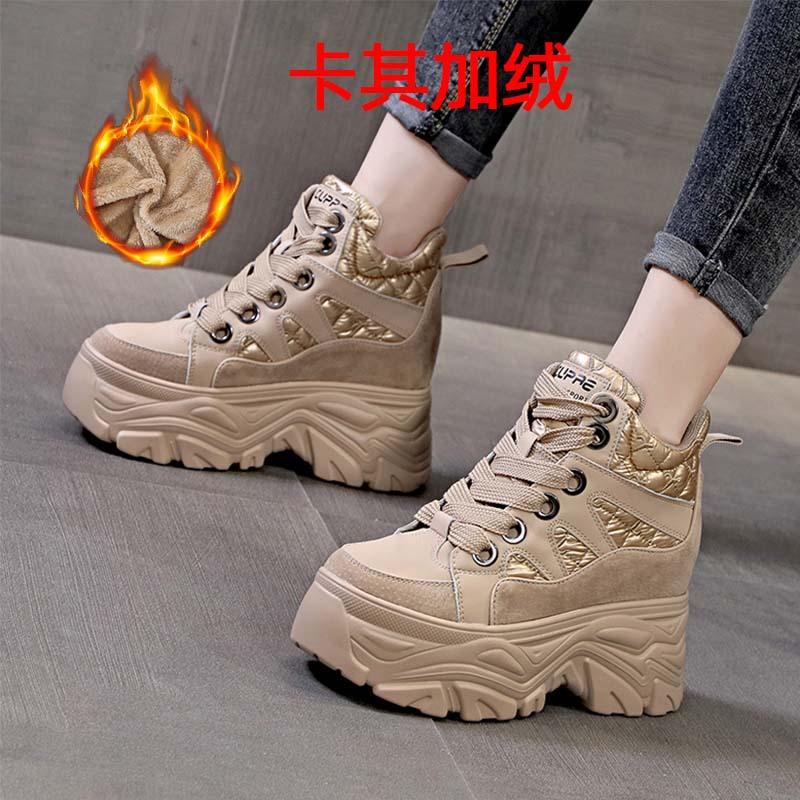 Fashion Genuine Leather Ankle Boots 8CM Spring Fashion Ladies High Platform Wedge Heels Chunky Boots Winter Plush Snow Shoes Woman