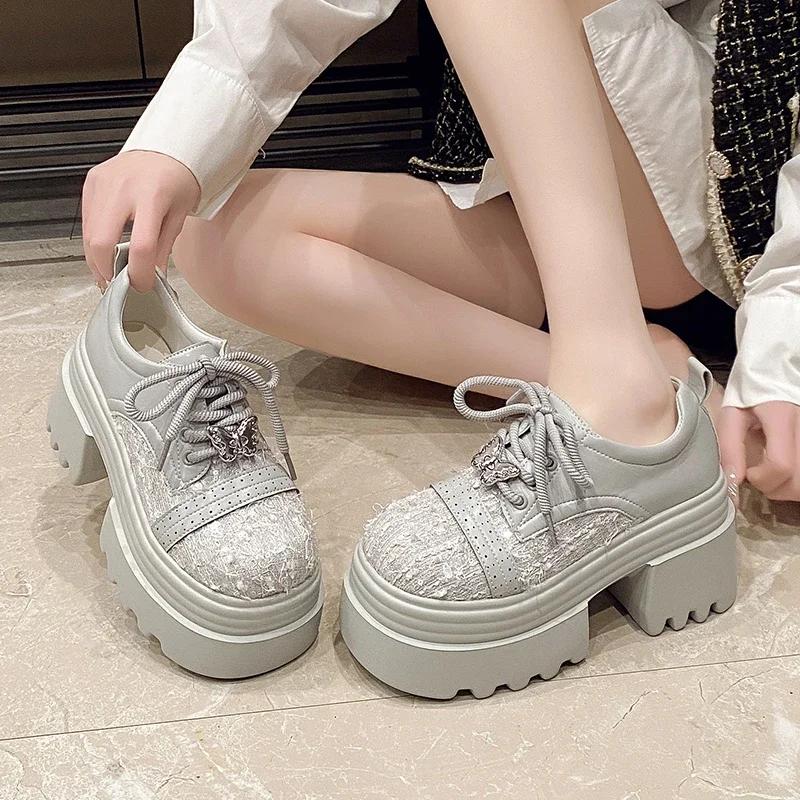 Fashion 9.5CM Spring Women Bling High Heels New 2025 Platform Casual Walking Shoes Non-slip Wedges Leather Chunky Sneakers Lace-up Pumps