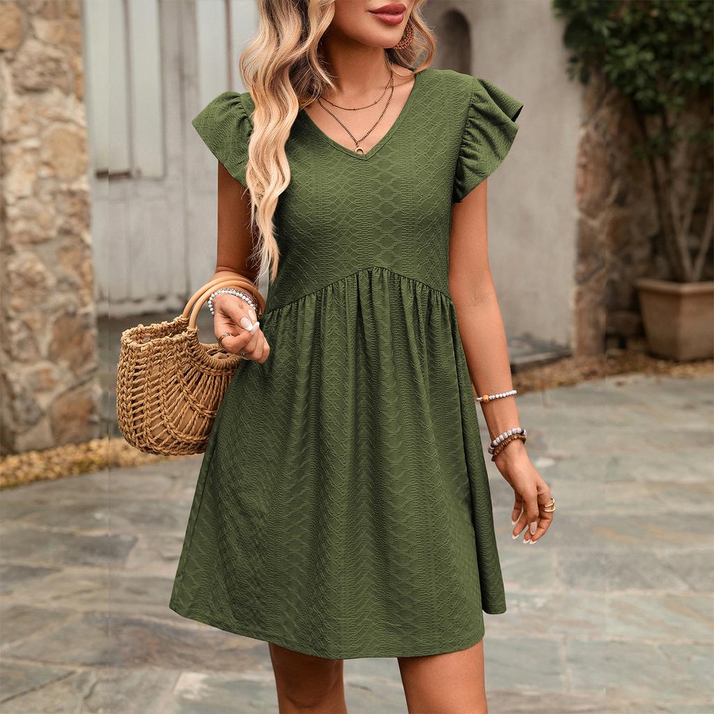 Women V Neck Ruffle Sleeve Short Sleeve Loose Fit Casual Holiday Dress Soft Lightweight Fabric Simple Solid Design