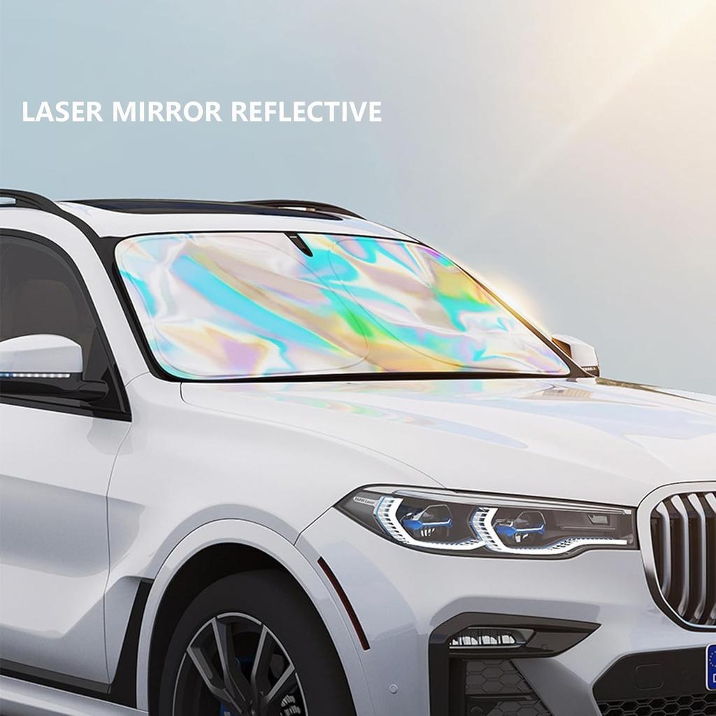 Sunshade Car Front Windshield Titanium Silver Sun Shade Iridescent Foldable Sun Shield Cover Block UV Rays Reflector Shield Large 145x80cm