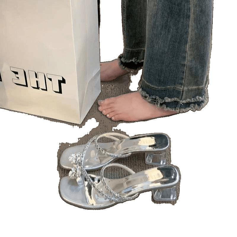 Female New Pearl Outer Wear Rhinestone Cool Slippers Toe Vacation 2025 with Skirt Fairy Wind Cover Toe Sandals Thick Heel