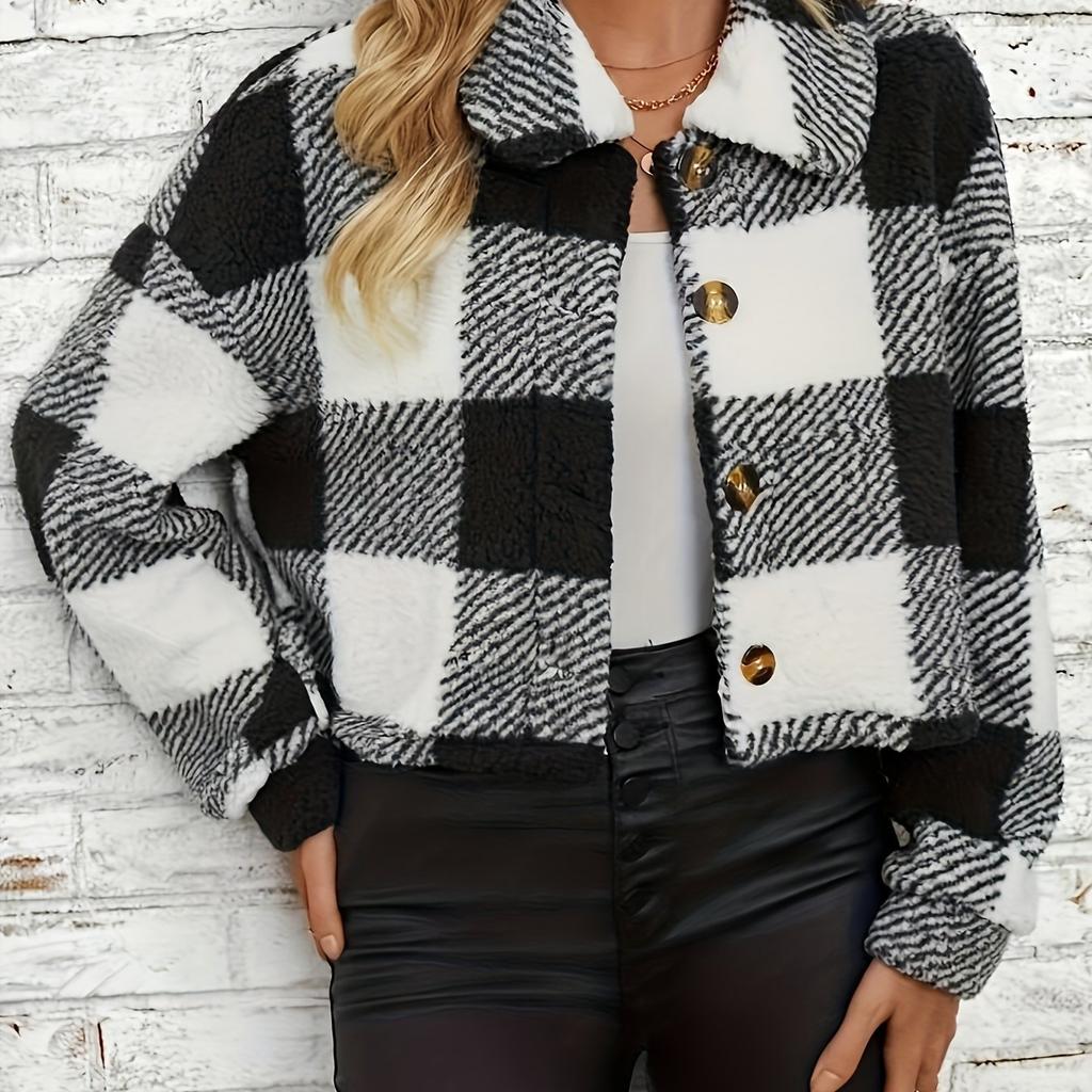 Plaid Pattern Button Front Teddy Coat All-match Long-sleeved Winter Warm Jacket Women's Clothing