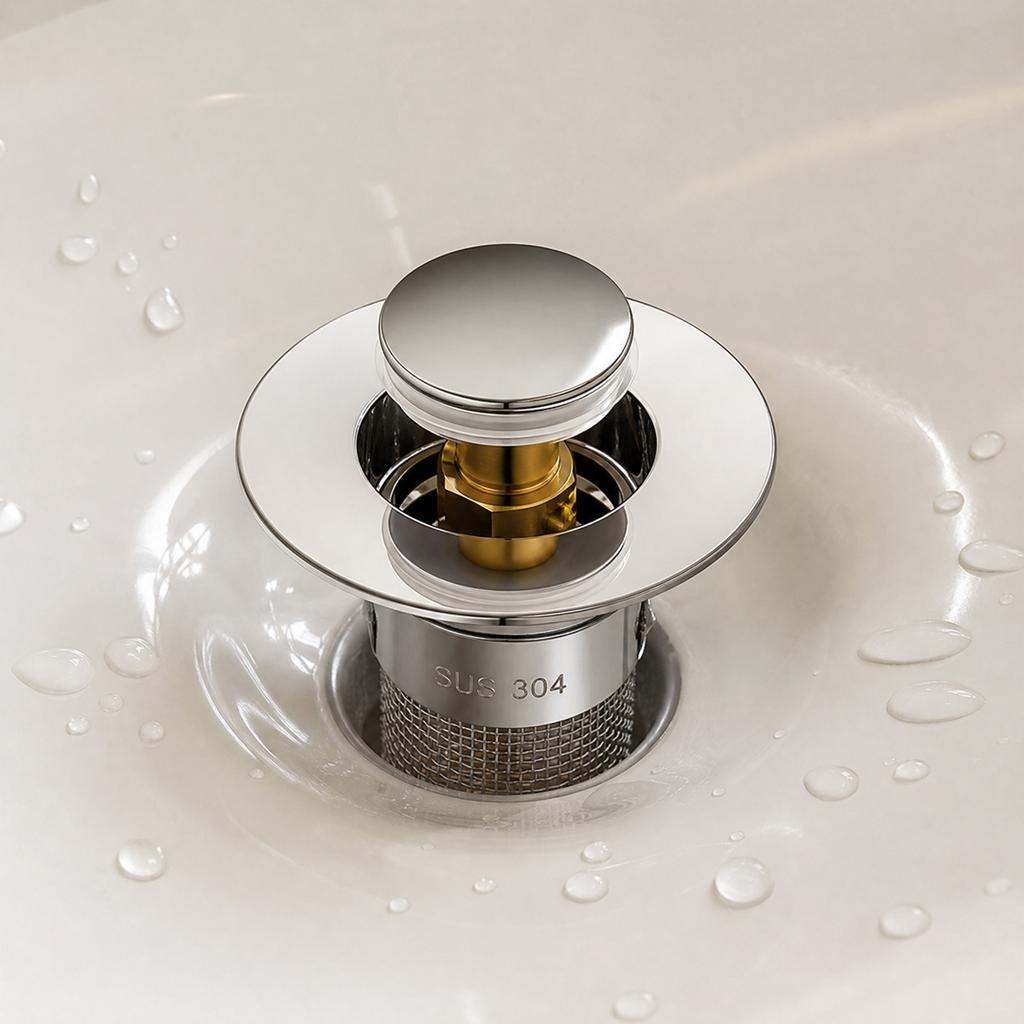 Pop Up Drain Stopper for Bathroom Sink Stainless Steel 304 Press Down Drain Plug with Mesh Strainer for Basin Drain Replacement