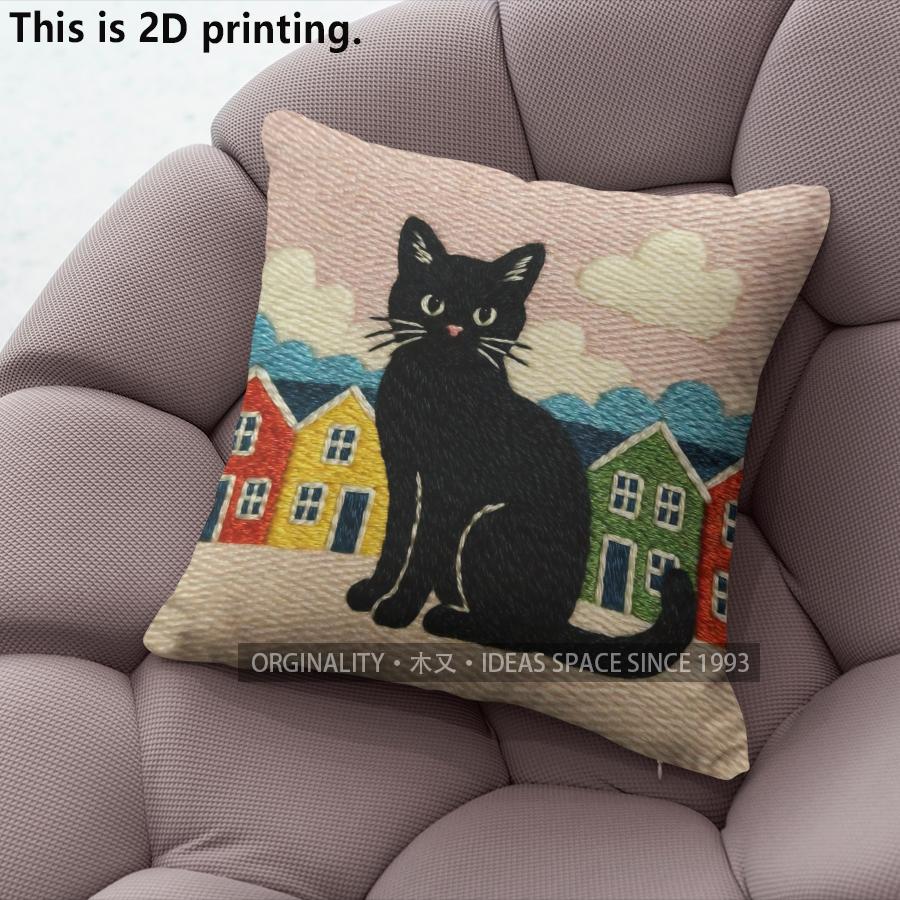Vintage Black Cat Town Scene Throw Pillow Covers Pattern Cushion Cover Suitable For Sofa Bedroom Car Pillow Cover