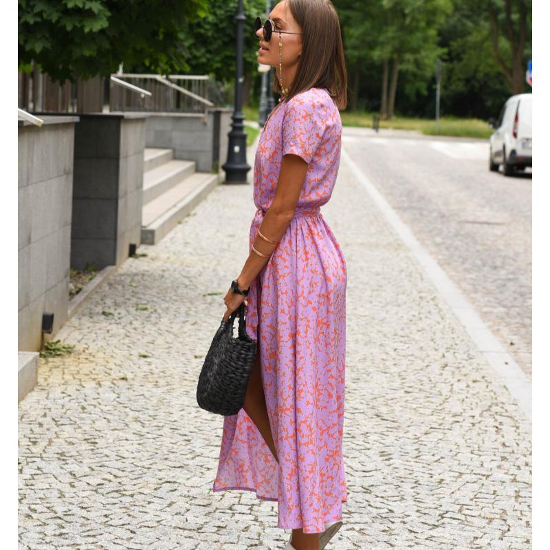 Summer Short Sleeve Vintage Print Sexy Women Dresses Casual Elegant Slim Fit V Neck Floral Long Dress Women High Waist Lace-up Party Club Dress 26101