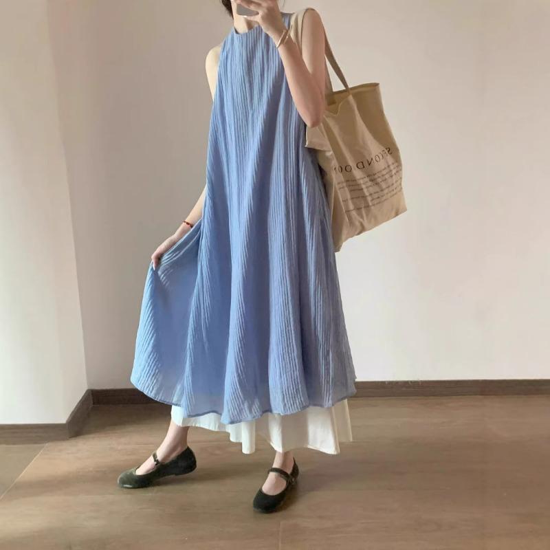 Women's Gentle Temperament Blue Sleeveless Vest Dress Summer Texture Relaxed Casual Dress