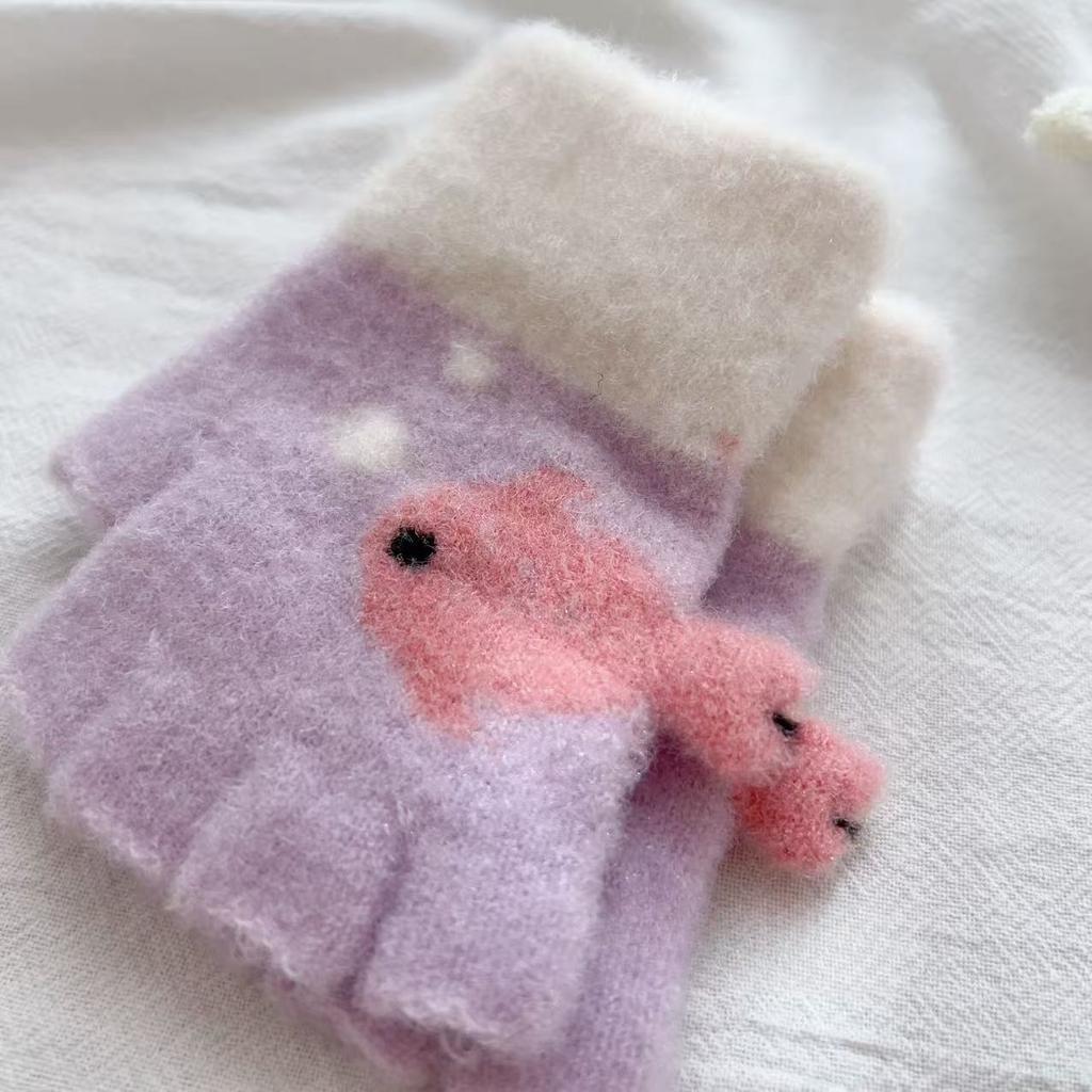 Cute Little Fish Gloves Winter Warm Baby Half Finger Cartoon Boy Minute Hand Knitted Color Blocking Gloves