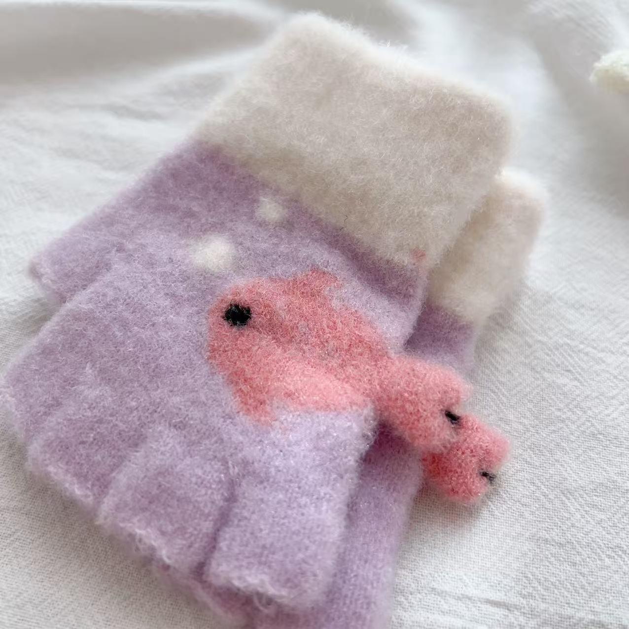 

Милые детские перчатки-митенки с мультяшным рисунком, теплые зимние перчатки без пальцев для малышей, вязаные перчатки с цветными блоками one size