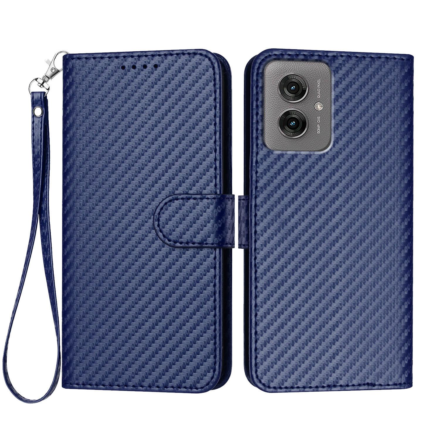 

For Motorola Moto G55 5G Wallet Case with Strap Carbon Fiber Texture Leather Mobile Cover B
