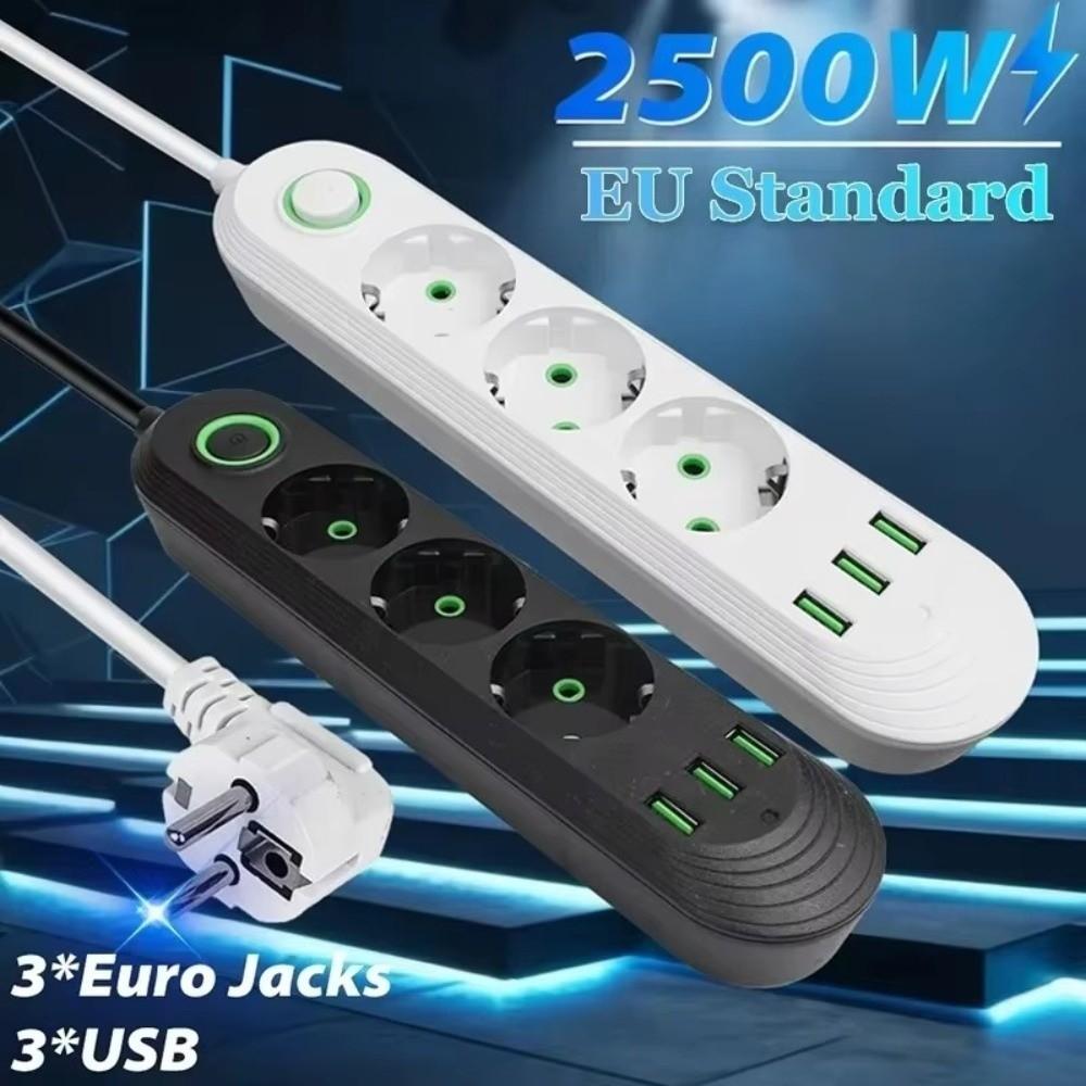 2m Extension Cord EU Plug Socket 3 USB Ports AC Outlet Multiprise Power Strip Office Power Supply